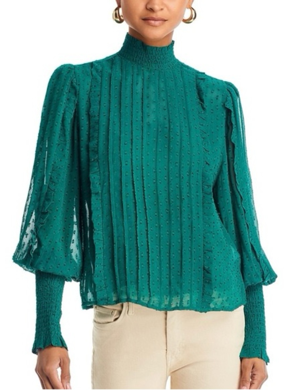 FARM Rio Emerald Green High-Neck Dotted Pintuck Blouse size small